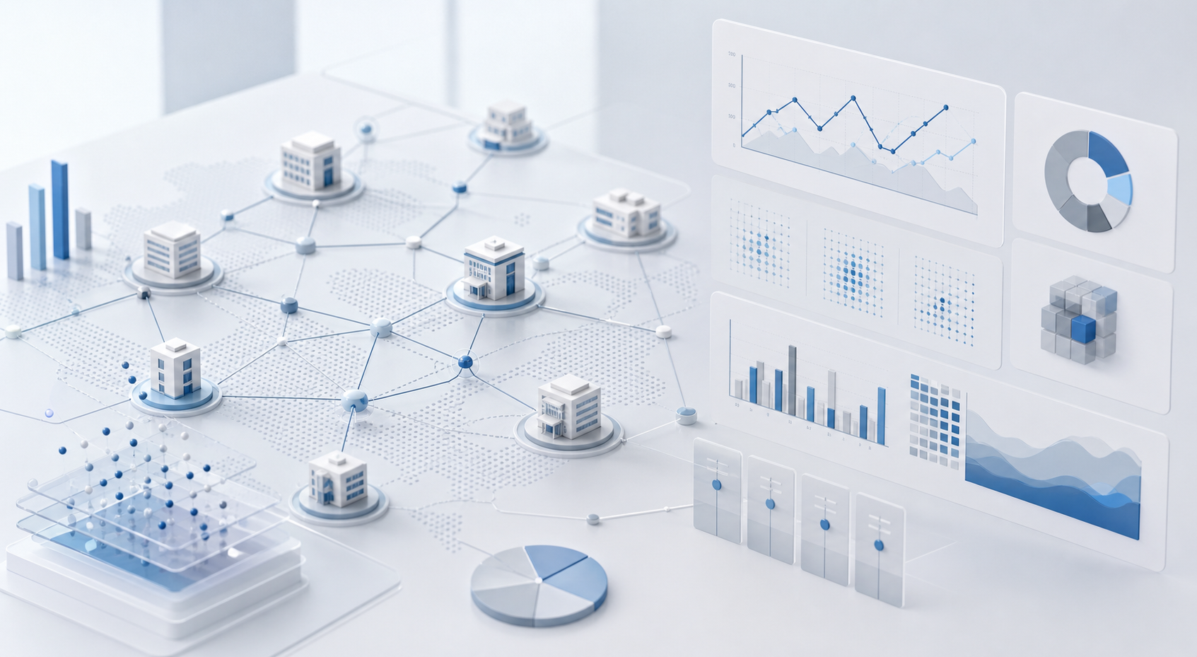 Abstract healthcare analytics network with hospital nodes, data charts, and decision-support panels
