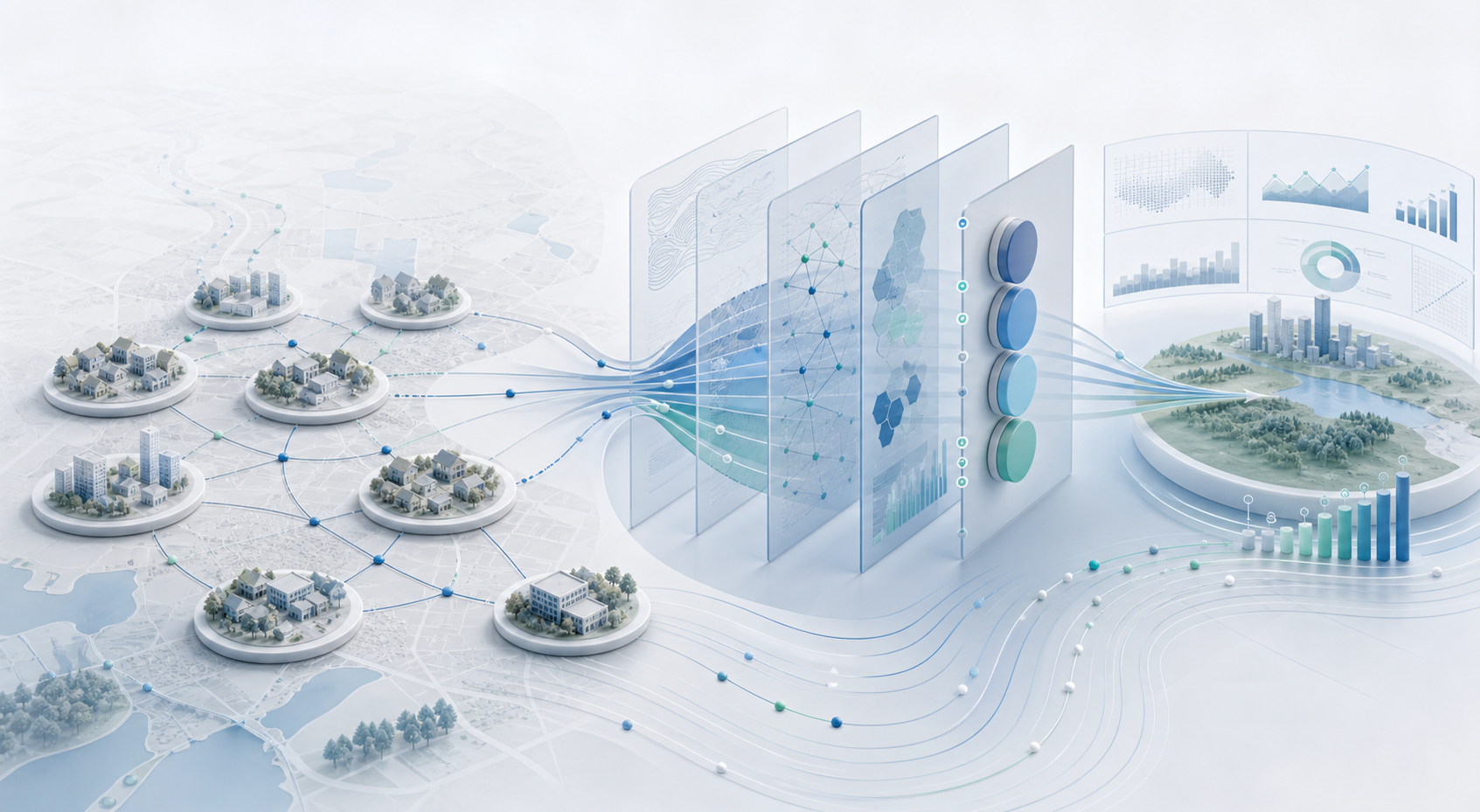 Abstract community healthcare network flowing through evidence layers toward sustainable population health outcomes